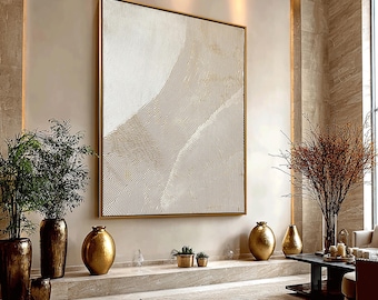 Japandi Beige Texturerad Oljemålning, Handmålad Stor Duk, Minimalistisk Abstrakt Väggkonst för Vardagsrumsinredning