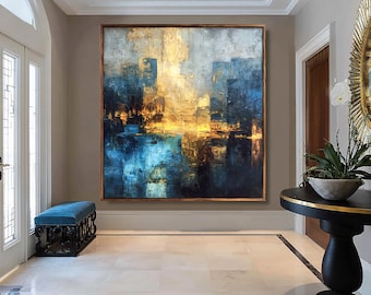 Groot abstract schilderij originele gele getextureerde kunst blauw abstract schilderij muur kunst geel olieverfschilderij op canvas blauwe 3D-textuurkunst