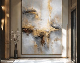 ベージュグレーの大きなゴールドの抽象画、テクスチャードキャンバスのウォールアート、リビングルーム用のモダンなボヘミアン装飾