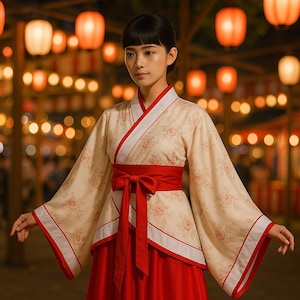 Könnte beinhalten: Eine Frau in einem traditionellen japanischen Kimono. Der cremefarbene Kimono hat ein Blumenmuster und rote Verzierungen, kombiniert mit einem roten Obi-Gürtel, der zu einer Schleife gebunden ist. Der untere Teil ist ein roter Rock.