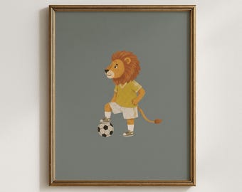 Lámina decorativa imprimible de fútbol con diseño de león, lámina infantil de fútbol con animales, decoración vintage deportiva para habitación infantil, póster para dormitorio de bebé niño, descarga digital.