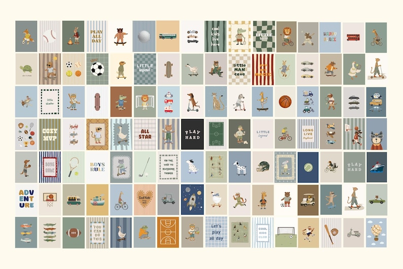 Puede incluir: Una colecci&oacute;n de l&aacute;minas decorativas rectangulares con diversas ilustraciones de animales, equipamiento deportivo, veh&iacute;culos y frases como 'Play All Day', 'Little Man Cave', 'All Star', 'Play Hard', 'Long Live', 'Boys Rule' y 'Adventure'.