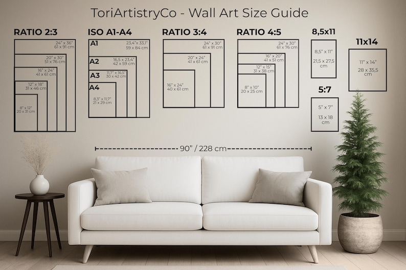 Puede incluir: Una gu&iacute;a de tama&ntilde;os de arte mural de ToriArtistryCo con diagramas de l&iacute;neas negras de varios ratios y tama&ntilde;os, incluyendo 2:3, ISO A1-A4, 3:4, 4:5, 8.5x11 y 5:7, sobre un sof&aacute; blanco con un indicador de medida de 228 cm.