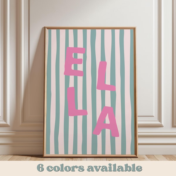 Personalized Baby Girl Name Wall Art, Pink & Green Striped Nursery Print, Custom Retro Name Poster, Cute Kids Room Decor Digital Download