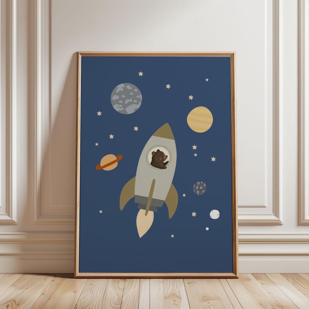 Rocket Ship Wall Art Print, Space Theme Kids Room Nursery Decor, Blue ...