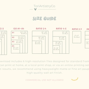 Puede incluir: Una gu&iacute;a de tama&ntilde;os color crema de ToriArtistryCo que presenta seis categor&iacute;as de proporciones de impresi&oacute;n: 2:3, ISO A1-A4, 3:4, 4:5, 5:7 y 11:14. Cada secci&oacute;n enumera dimensiones espec&iacute;ficas en pulgadas y cent&iacute;metros para marcos est&aacute;ndar.