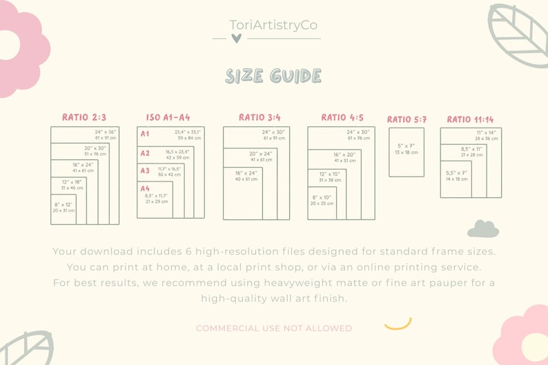 Puede incluir: Una gu&iacute;a de tama&ntilde;os color crema de ToriArtistryCo que presenta seis categor&iacute;as de proporciones de impresi&oacute;n: 2:3, ISO A1-A4, 3:4, 4:5, 5:7 y 11:14. Cada secci&oacute;n enumera dimensiones espec&iacute;ficas en pulgadas y cent&iacute;metros para marcos est&aacute;ndar.