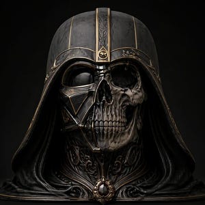 May include: A detailed, dark sculpture of a helmet and skull. The helmet is black with gold accents and a central emblem. The skull is visible on the right side, with intricate details. A dark cloak and a jewel adorn the base.