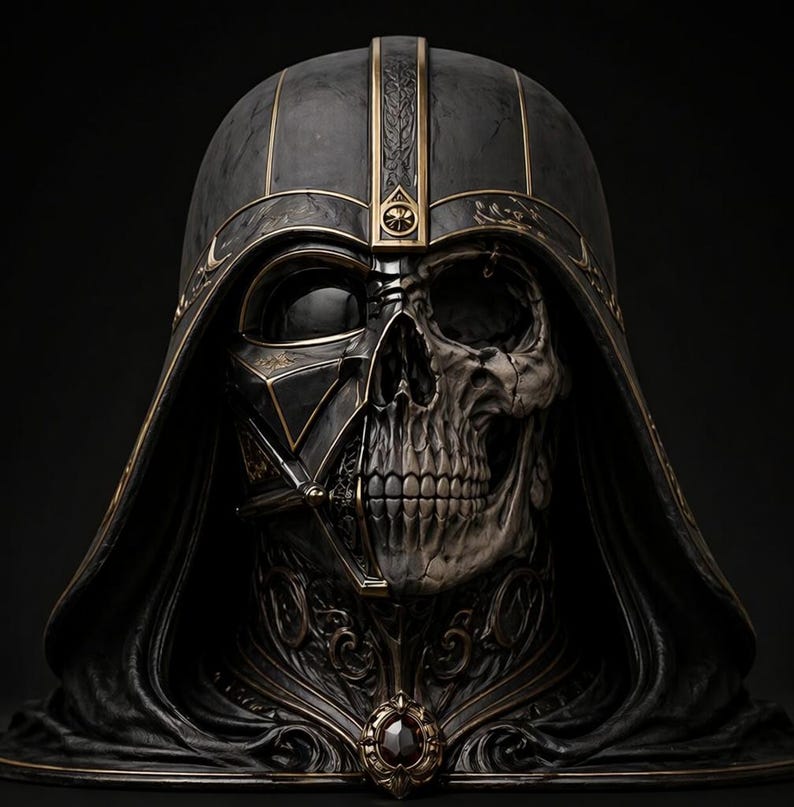 May include: A detailed, dark sculpture of a helmet and skull. The helmet is black with gold accents and a central emblem. The skull is visible on the right side, with intricate details. A dark cloak and a jewel adorn the base.
