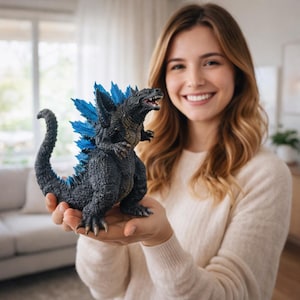 May include: A detailed Godzilla figurine with a textured, dark grey body and vibrant blue dorsal fins. The figurine has an open mouth, revealing teeth, and is held in open hands. The overall theme is collectibles and pop culture.