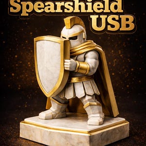 May include: A 3D-rendered image of a warrior statue holding a shield. The statue is white and gold, with the words "STL File" and "Spearshield USB" in gold lettering. The statue stands on a marble base.
