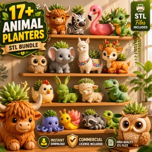 May include: A collection of 17 animal-shaped planters featuring a highland cow, zebra, flamingo, dragon, owl, elephant, llama, deer, chicken, rabbit, sheep, dinosaur, octopus, snail, raccoon, and frog, each holding a small green succulent plant.