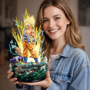 May include: A detailed figurine of a character with spiky blonde hair, wearing an orange and blue outfit, surrounded by yellow and blue energy effects. The figure is mounted on a detailed base with purple orbs and green accents.