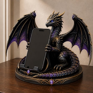 Könnte beinhalten: Schwarzer und violetter Drachen-Telefonhalter. Der Drache hat detaillierte Schuppen, Flügel und Hörner und hält ein Telefon. Der Sockel ist rund mit goldenen Akzenten und lila Edelsteinen.
