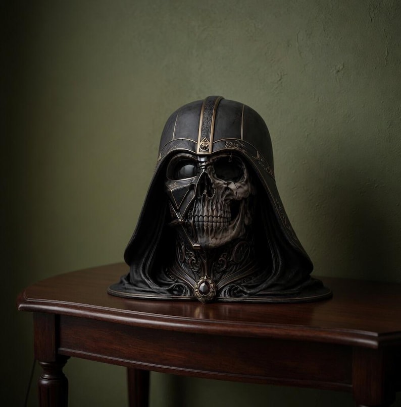 May include: A detailed, dark sculpture of a skull-faced helmet, reminiscent of a famous sci-fi character. The helmet is black with gold accents and intricate detailing. It sits on a dark wooden table against a green wall.