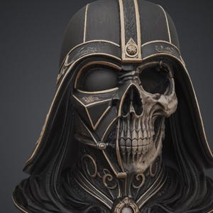 May include: A detailed bust of a character with a half-skull face and a black helmet with gold accents. The helmet has intricate designs and a flowing cape. The bust is a dark color with a metallic finish, creating a striking contrast.
