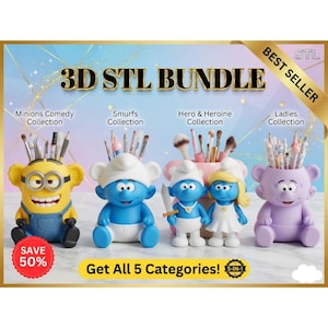 Paquete definitivo de personajes 3D STL: Minions, Pitufos y colección de heroínas, organizador de escritorio 5 en 1, soporte para pinceles con diseño de dibujos animados (descarga digital STL).