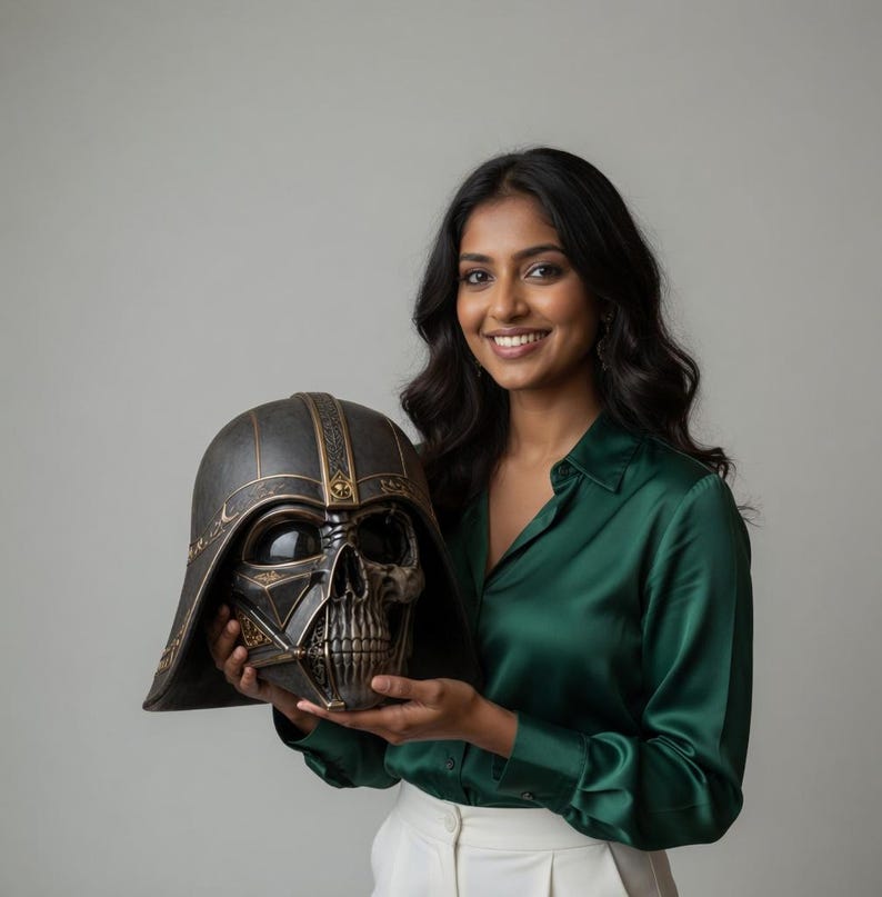 May include: A detailed, dark gray and bronze Darth Vader helmet with a skull-like design. The helmet features intricate detailing and a glossy finish. The helmet is a collectible item from the Star Wars franchise.