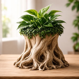 May include: A planter shaped like a weathered tree stump with exposed roots, featuring a light brown wood-like texture. The planter is filled with a lush, vibrant green plant with broad leaves and a layer of small, trailing foliage at the base.