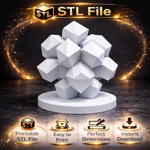 May include: A white geometric sculpture composed of multiple diamond-shaped forms, resting on a circular base. The image includes the text "STL File" and icons indicating printability, ease of printing, perfect dimensions, and instant download.