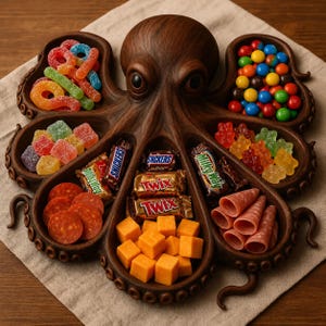 May include: A brown octopus-shaped serving tray filled with various snacks. The tray contains colorful candies, chocolates, cheese cubes, and sliced meats. The tray is made of wood and sits on a neutral-colored surface.