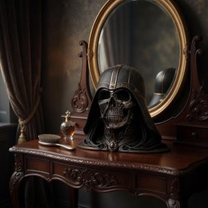 May include: A dark, ornate vanity table features a black skull-shaped helmet with a detailed design, resembling a character's mask. A gold-framed mirror and a hairbrush are also on the table. The scene has a vintage, gothic aesthetic.