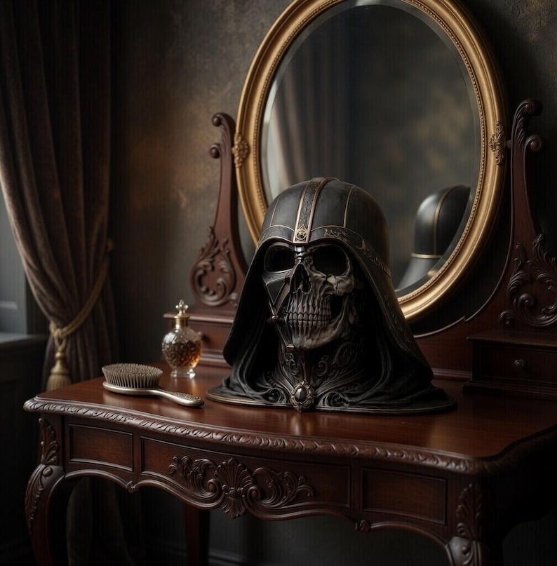 May include: A dark, ornate vanity table features a black skull-shaped helmet with a detailed design, resembling a character's mask. A gold-framed mirror and a hairbrush are also on the table. The scene has a vintage, gothic aesthetic.