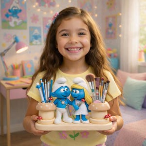 May include: A young girl holds a wooden organizer featuring Smurf figurines and mushroom-shaped pen holders. The organizer is filled with pens and makeup brushes. The Smurf figures are blue with white hats. The girl is wearing a yellow shirt.