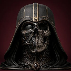 May include: A detailed, dark sculpture of a skull wearing a helmet and hood. The helmet is black with gold accents and a central emblem. The skull is intricately detailed, with visible teeth and bone structure. The overall aesthetic is gothic and imposing.
