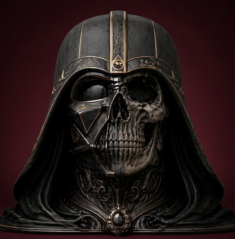 May include: A detailed, dark sculpture of a skull wearing a helmet and hood. The helmet is black with gold accents and a central emblem. The skull is intricately detailed, with visible teeth and bone structure. The overall aesthetic is gothic and imposing.