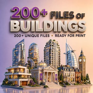 May include: An image showcasing architectural renderings of various buildings, including skyscrapers, modern structures, and historical landmarks. The text overlay reads "200+ FILES OF BUILDINGS" and "200+ UNIQUE FILES • READY FOR PRINT". The color palette includes shades of purple, gold, and beige.