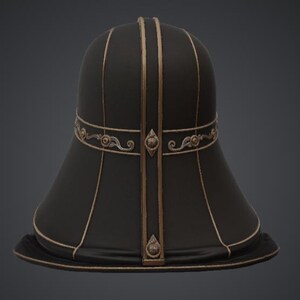 May include: A black hat with gold trim and decorative accents. The hat features a bell-shaped crown and a wide brim. Gold vertical stripes run down the center of the hat. The hat has an ornate band around the crown.