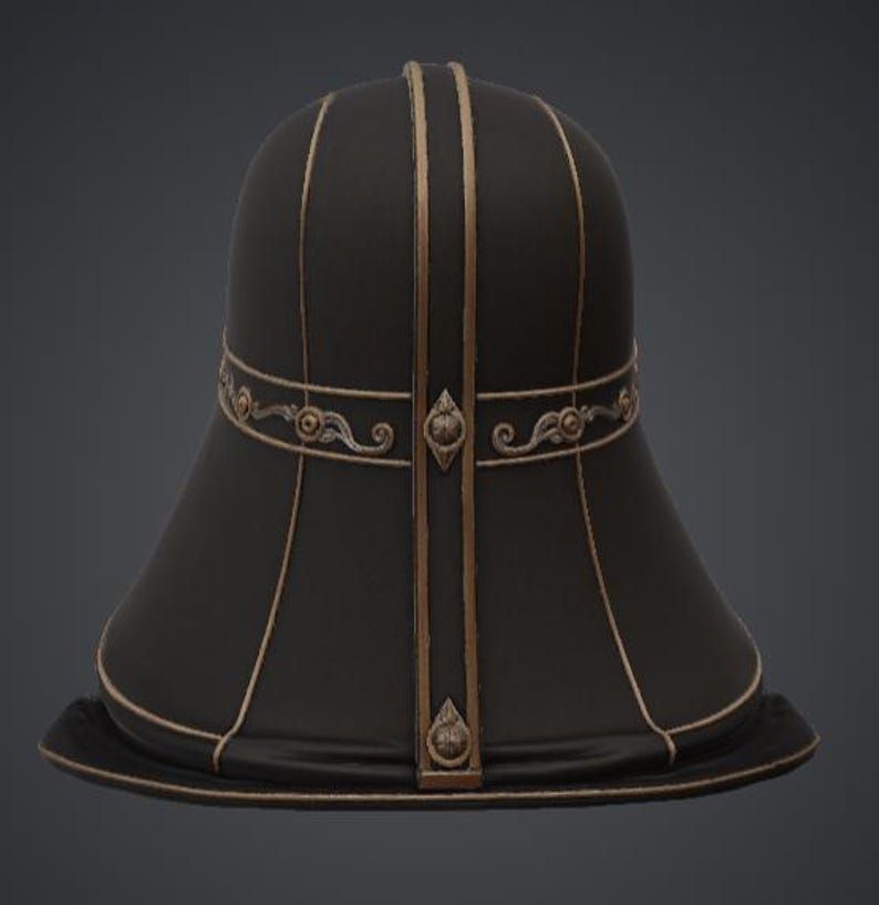 May include: A black hat with gold trim and decorative accents. The hat features a bell-shaped crown and a wide brim. Gold vertical stripes run down the center of the hat. The hat has an ornate band around the crown.