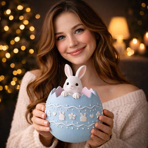 Könnte beinhalten: Ein hellblaues, eiförmiges Behältnis mit einem weißen Hasen darin. Das Ei hat weiße dekorative Muster sowie Hasen- und Blumendesigns. Der Hase hat rosa Wangen und blickt nach oben. Der Hintergrund ist verschwommen mit warmen Lichtern.
