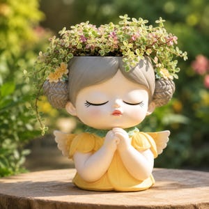 Op de afbeelding: Een hars plantenbak in de vorm van een figuur met gesloten ogen en gevouwen handen. Het figuur heeft grijs haar in knotjes met gele bloemen, draagt een gele jurk met kleine witte vleugels. Bovenop groeit een groene plant.