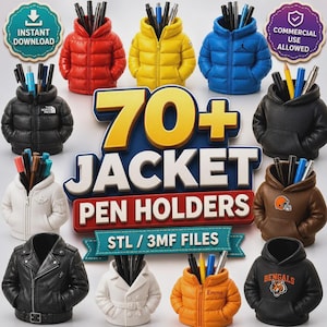 Könnte beinhalten: Eine Sammlung von über 70 jackenförmigen Stiftehaltern in verschiedenen Farben und Stilen, darunter Daunenjacken, Kapuzenpullover und Lederjacken. Das Bild enthält den Text 70+ JACKET PEN HOLDERS STL / 3MF FILES, INSTANT DOWNLOAD und COMMERCIAL USE ALLOWED.