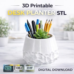 May include: A white 3D-printed desk planter with a textured, geometric design. The planter holds pens, pencils, and a small succulent. The image includes the text "3D Printable DESK PLANTER STL" and "DIGITAL DOWNLOAD".
