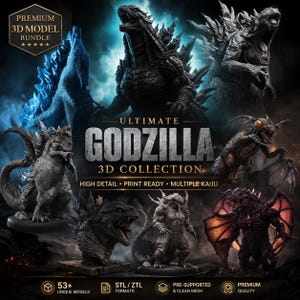 May include: An advertisement for the "Ultimate Godzilla 3D Collection" featuring multiple Godzilla models. The image showcases various detailed 3D models of Godzilla and other Kaiju, with text indicating high detail, print-ready formats, and multiple models.