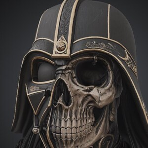 May include: A detailed, close-up of a black and gold helmet with a skull face design. The helmet has intricate gold detailing along the edges and a central emblem. The skull is a metallic silver color, creating a striking contrast.