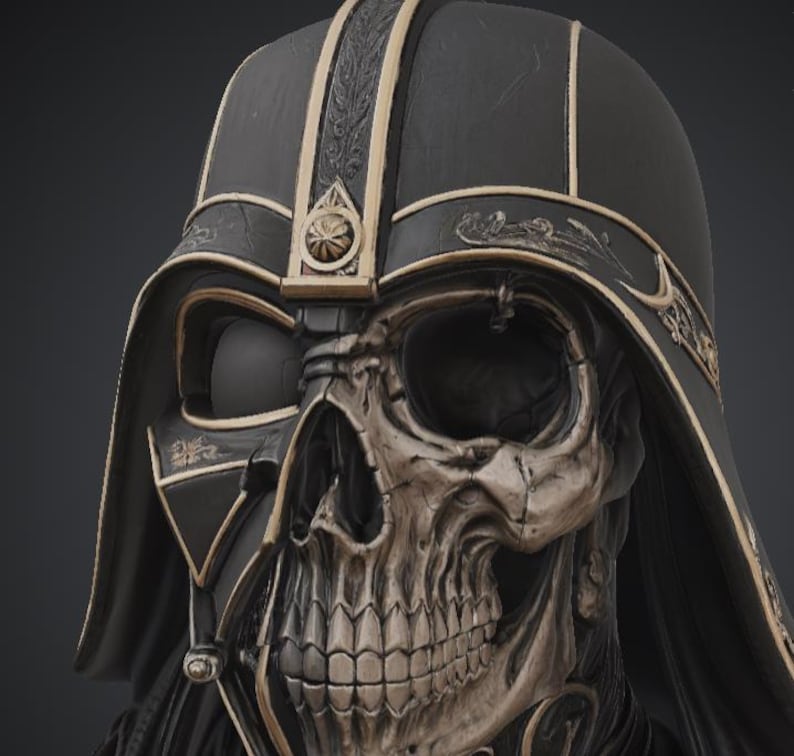 May include: A detailed, close-up of a black and gold helmet with a skull face design. The helmet has intricate gold detailing along the edges and a central emblem. The skull is a metallic silver color, creating a striking contrast.