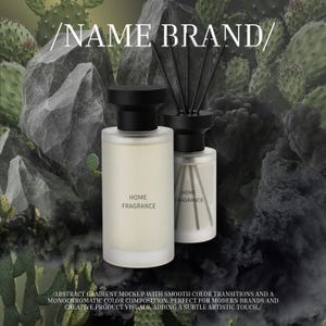 Puede incluir: Dos botellas de ambientador para el hogar con tapas negras y el texto "HOME FRAGRANCE". Las botellas están colocadas sobre un fondo de cactus y texturas oscuras y ahumadas. La parte superior de la imagen dice "/NAME BRAND/".