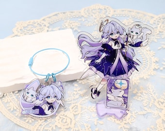 May include: Two clear acrylic anime-style figures. One is a keychain with a blue loop and a character with a white fox. The other is a standing figure of a girl with long purple hair, a dark blue dress, and a white fox.