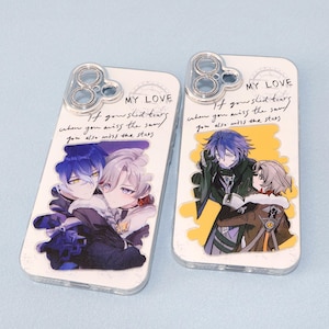 May include: Two clear phone cases with anime-style illustrations. One features two characters with blue and purple hair, the other with blue and blonde hair. Each case has the text "MY LOVE" and a quote.