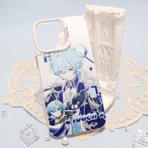 May include: White phone case with a blue-haired anime character illustration. The design includes the text "SO COOL" and "Fluoen 4". The character is in a blue and white outfit with purple eyes. The case has a protective bumper.