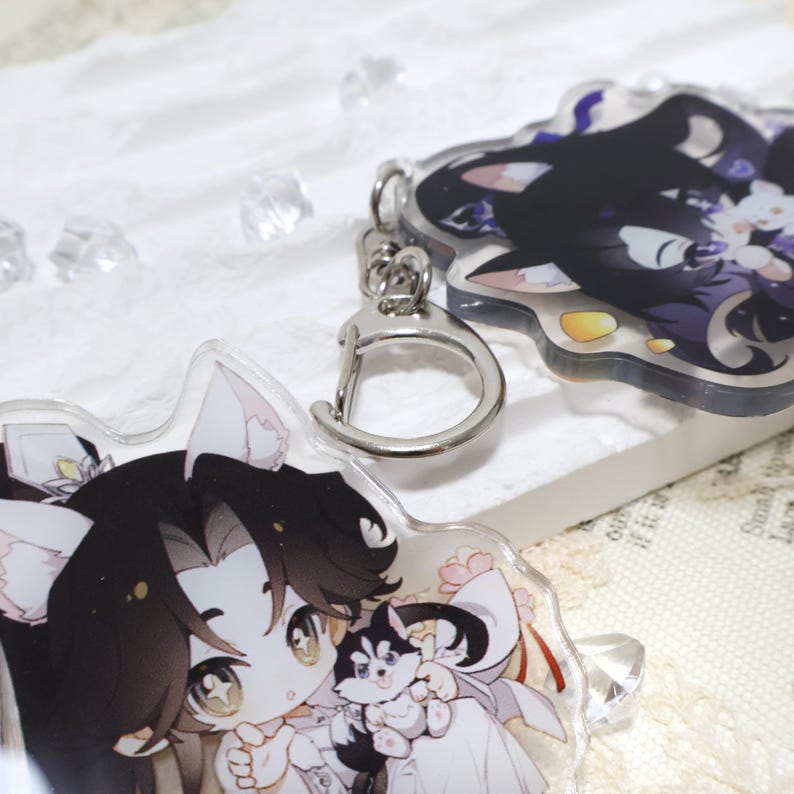 May include: Two clear acrylic keychains with cartoon illustrations. One features a character with black hair and a small dog, the other a similar character with a different design. Both have silver key rings.
