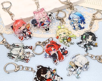 May include: A collection of anime-style character keychains. Each keychain features a colorful illustration of a character with unique outfits and accessories. The keychains are attached to silver-colored metal key rings.