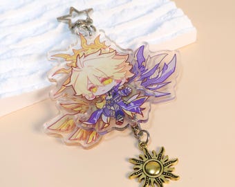 May include: A clear acrylic keychain featuring a cartoon character with yellow hair and purple accents, adorned with a gold sun charm. The keychain has a star-shaped clasp and a detailed design with yellow and purple wings.