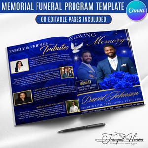May include: A blue funeral program template featuring a white dove, blue roses, and photos of a man in a suit. The text includes IN LOVING MEMORY, FAMILY & FRIENDS TRIBUTES, David Johnson, and service details for March 25th, 2026, in Detroit, MI.