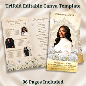 Elegant Beige & Golden Trifold Funeral Program, Heavenly Memorial Canva Template, Obituary Brochure, In Loving Memory, Celebration of Life