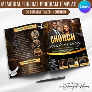 May include: A memorial funeral programme template with eight editable pages featuring a black and gold design. The cover displays a church anniversary theme with photos of two people, text including Church Anniversary, and a black pen resting below.
